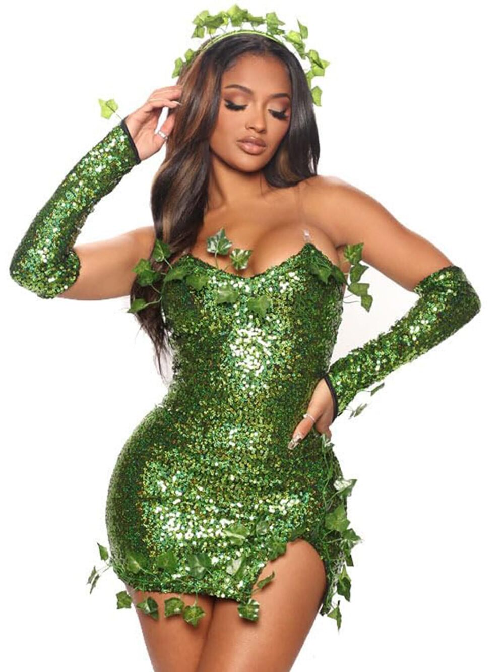 9628 Halloween Cospaly Costume Strapless Bodycon Dress Leaves Sequin Dress